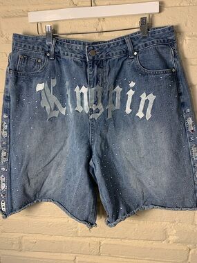 ROMWE Blue Denim 'Kingpin' Studded Men's Shorts